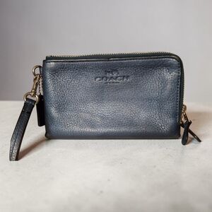 Coach Double Zip Metal Blue Pebbled Leather Wristlet Wallet